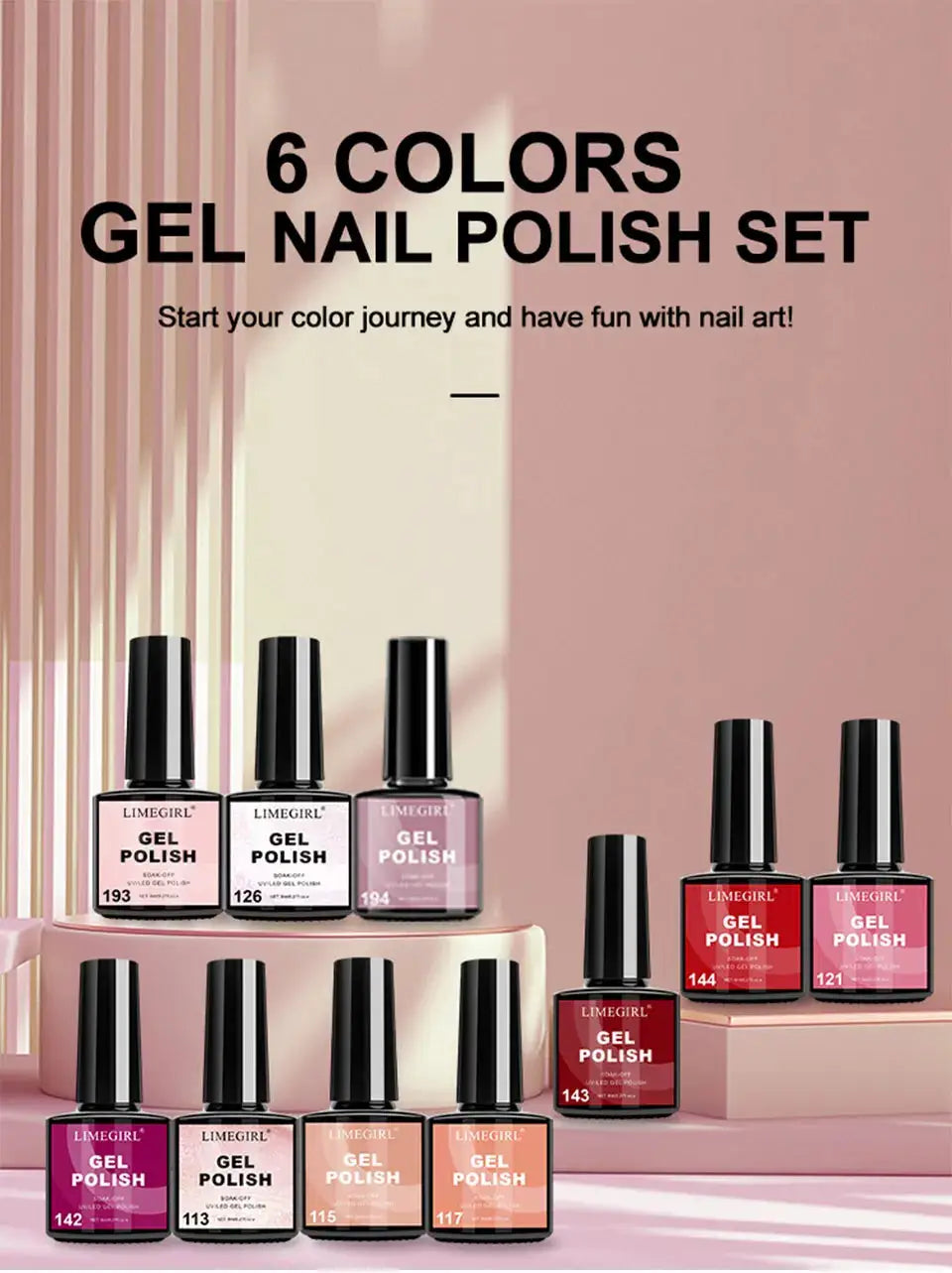 LIMEGIRL Gel Nail Polish Set, 6-color bottle assortment in pinks and reds.