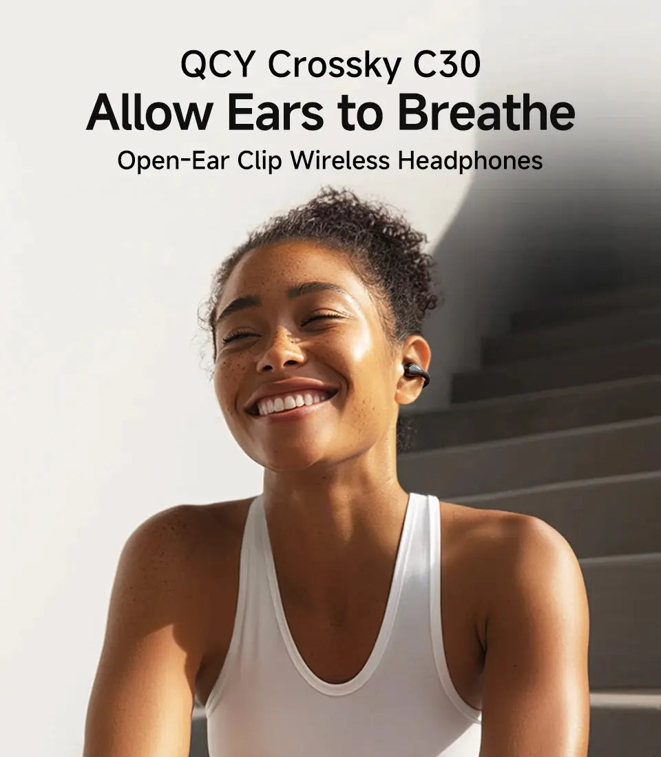 QCY Crossky C30 open-ear clip wireless headphones, black; Bluetooth 5.4 sport earbuds.
