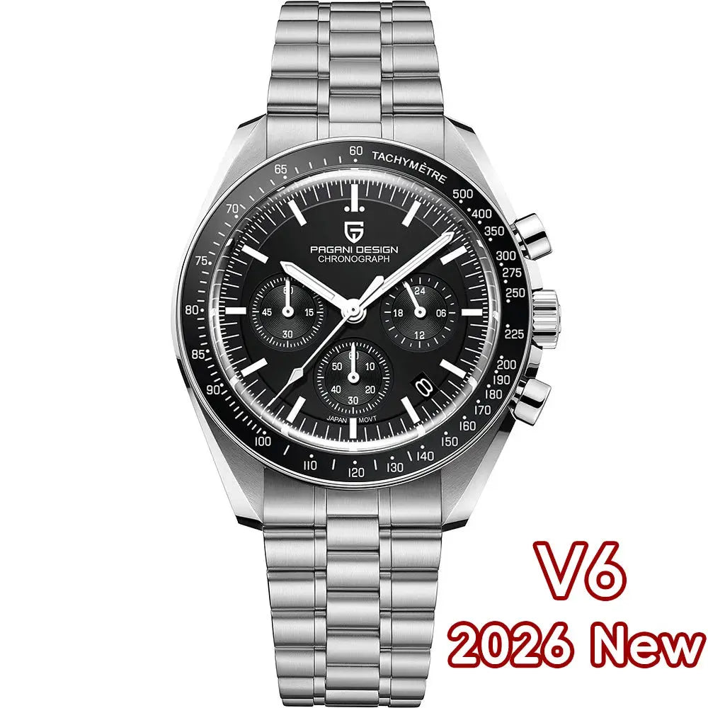 PAGANI DESIGN men's chronograph watch with silver stainless steel bracelet, black dial and tachymeter bezel