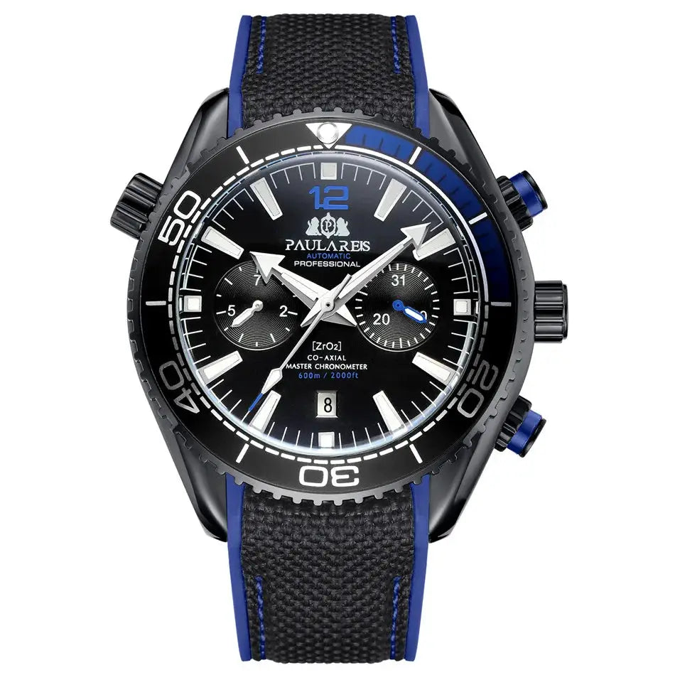 PAULAREIS P luxury men's automatic watch with black dial, blue accents and rubber strap