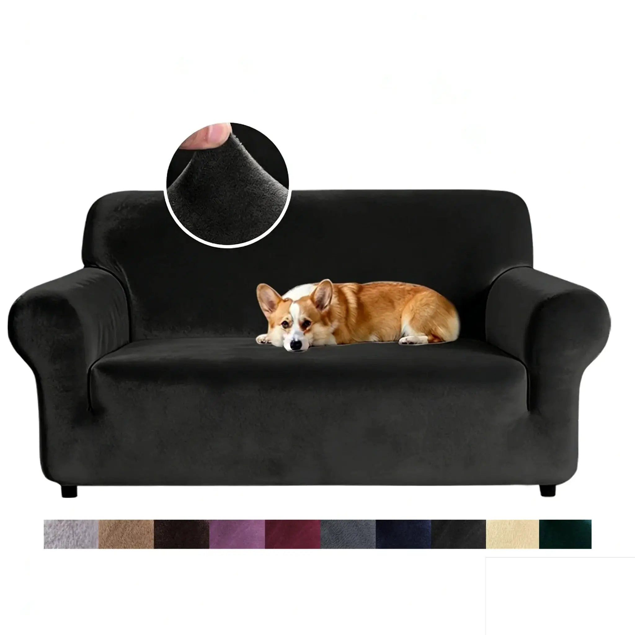 Velvet sofa cover for 1–4 seater sofas; black plush fabric with thick elastic edge by Simples Market