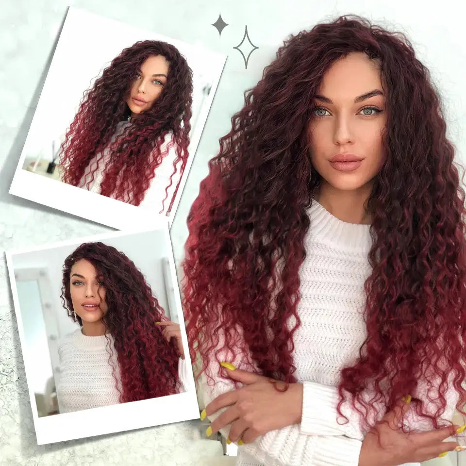 Ariel Curl Crochet Hair extensions in burgundy ombre deep wave, Simples Market.