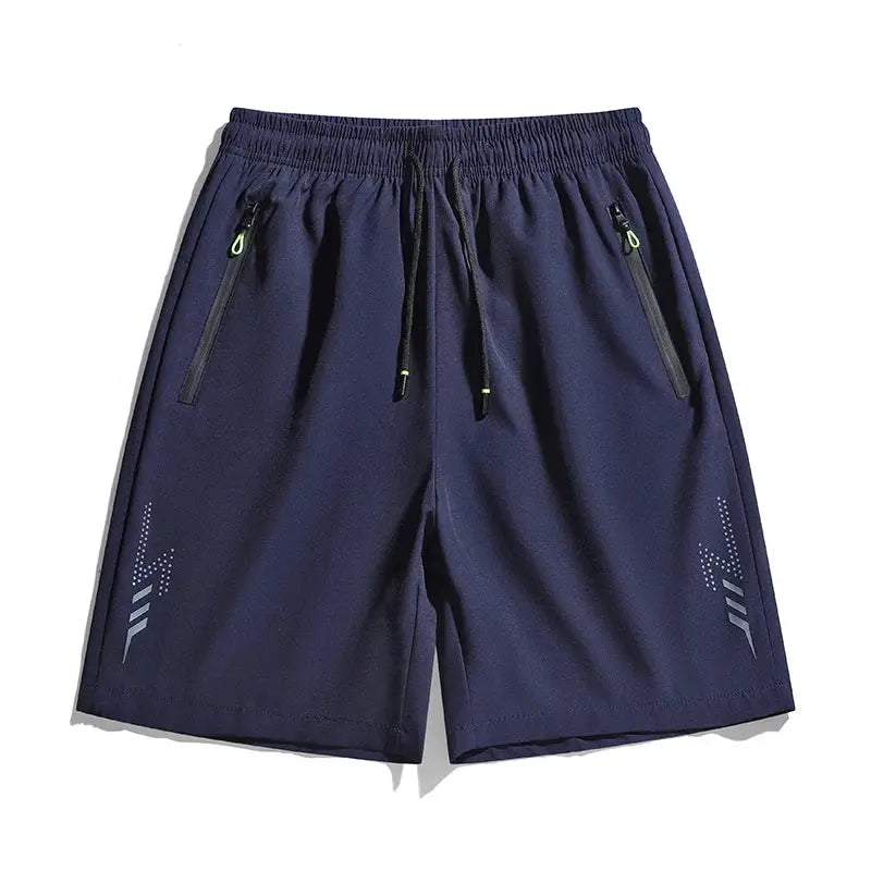 Men's navy quick-dry running shorts with drawstring and zip pockets