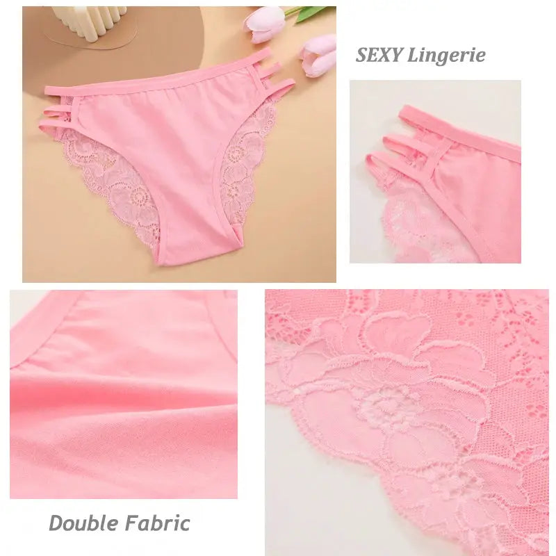Pink floral lace panties, 3-piece set, low-rise briefs with double fabric and triple side straps