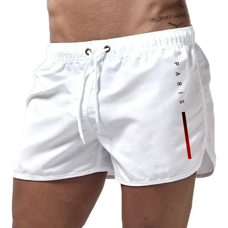 Men's white Simples Market board shorts with drawstring, Paris logo and red vertical stripe