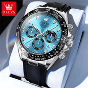 OLEVS men's quartz chronograph watch with turquoise dial, silicone strap and moon phase subdial.