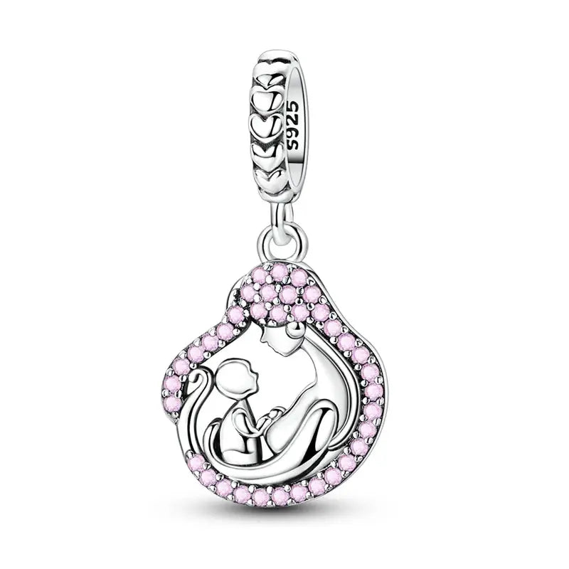 Mother's Day 925 Sterling Silver Heart Charms Beads Dangle For Bracelets Love Mom Jewelry Gift