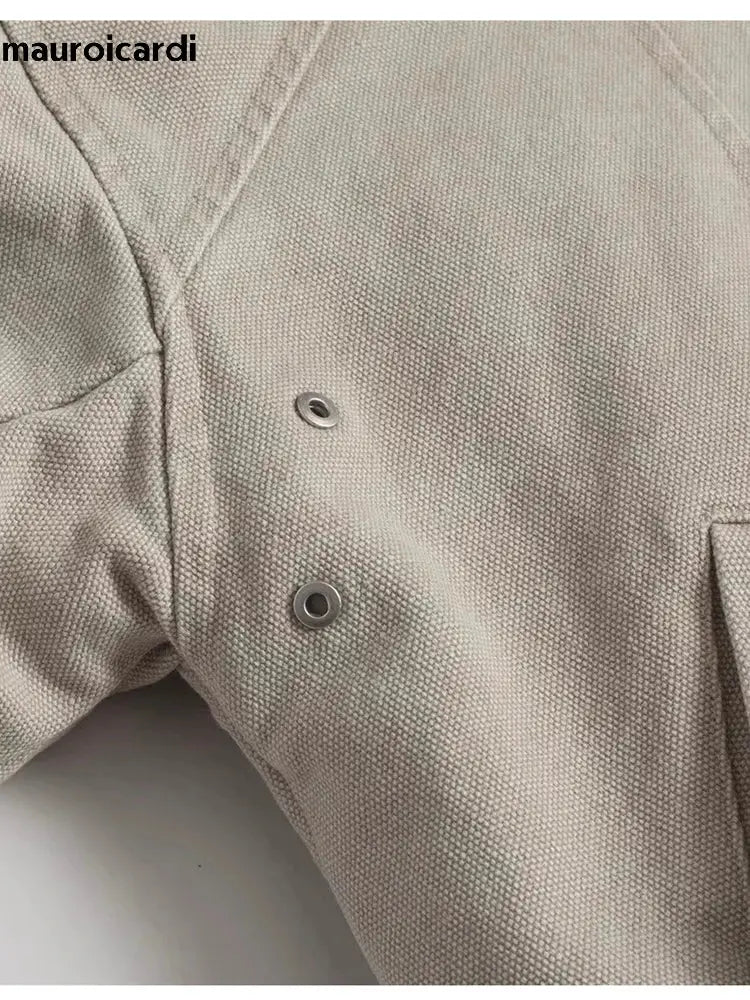 Mauroicardi beige canvas padded jacket with metal snaps; oversized casual hoodie with faux fur interior.
