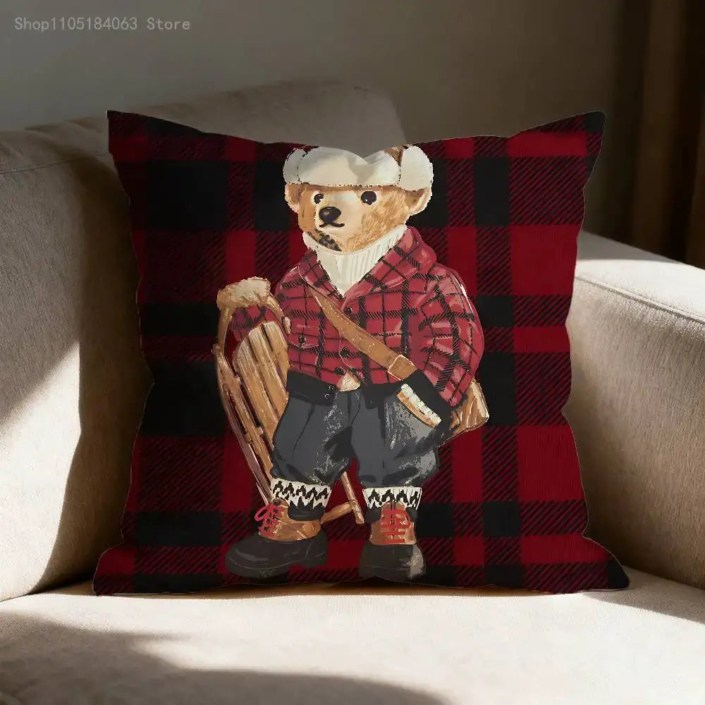 Fashion Bear throw pillow cover featuring a teddy bear in a red plaid lumberjack outfit.