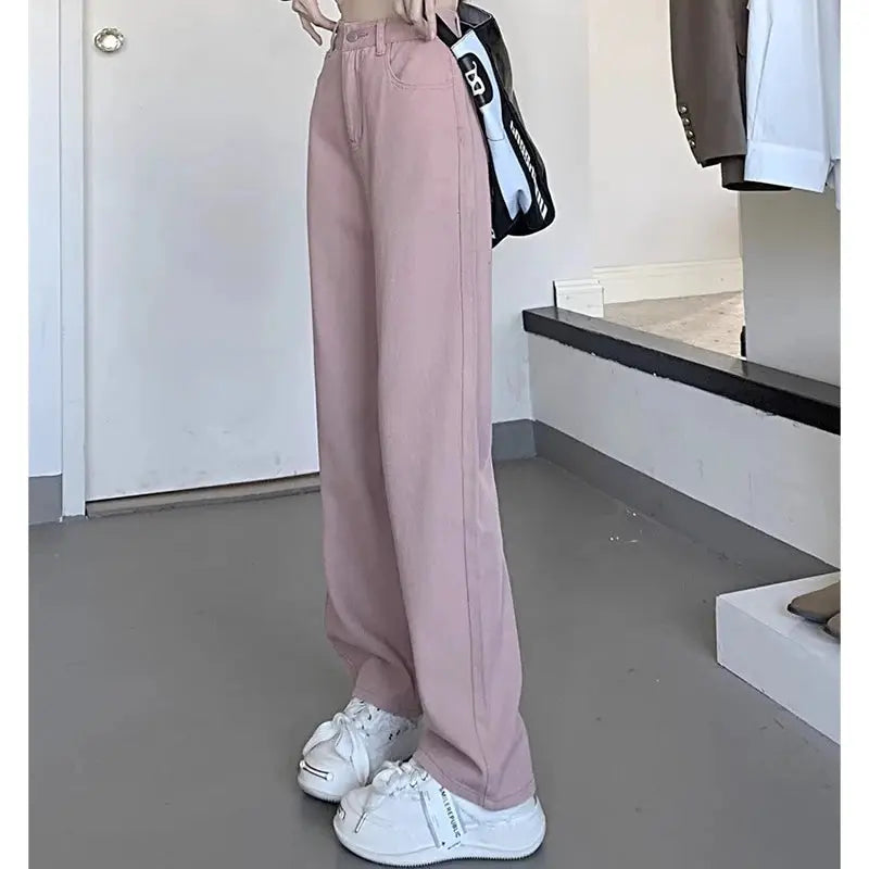 Womens Vintage Wide Leg Jeans High Waist Denim Pants Black Grey Blue