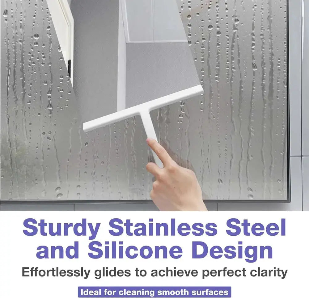 Shower squeegee with white plastic handle and silicone holder for glass doors and mirrors