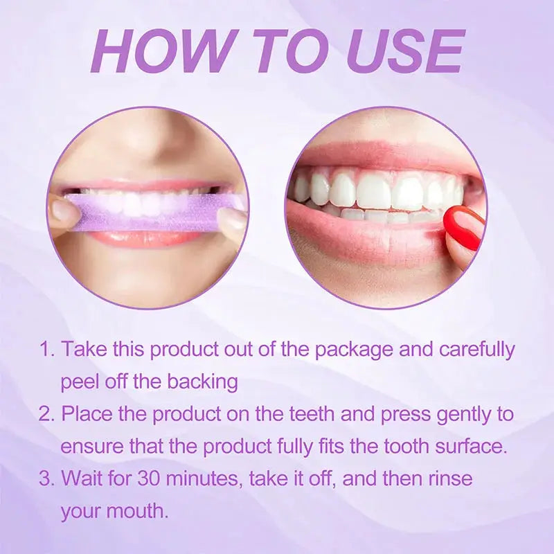 Teeth whitening strips 14pcs, purple color, with how-to-use infographic