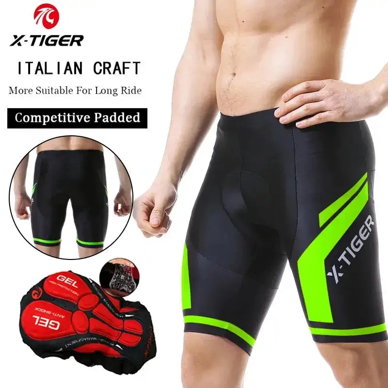 X-TIGER men's cycling shorts with gel pad, black with neon-green accents and anti-slip leg grips