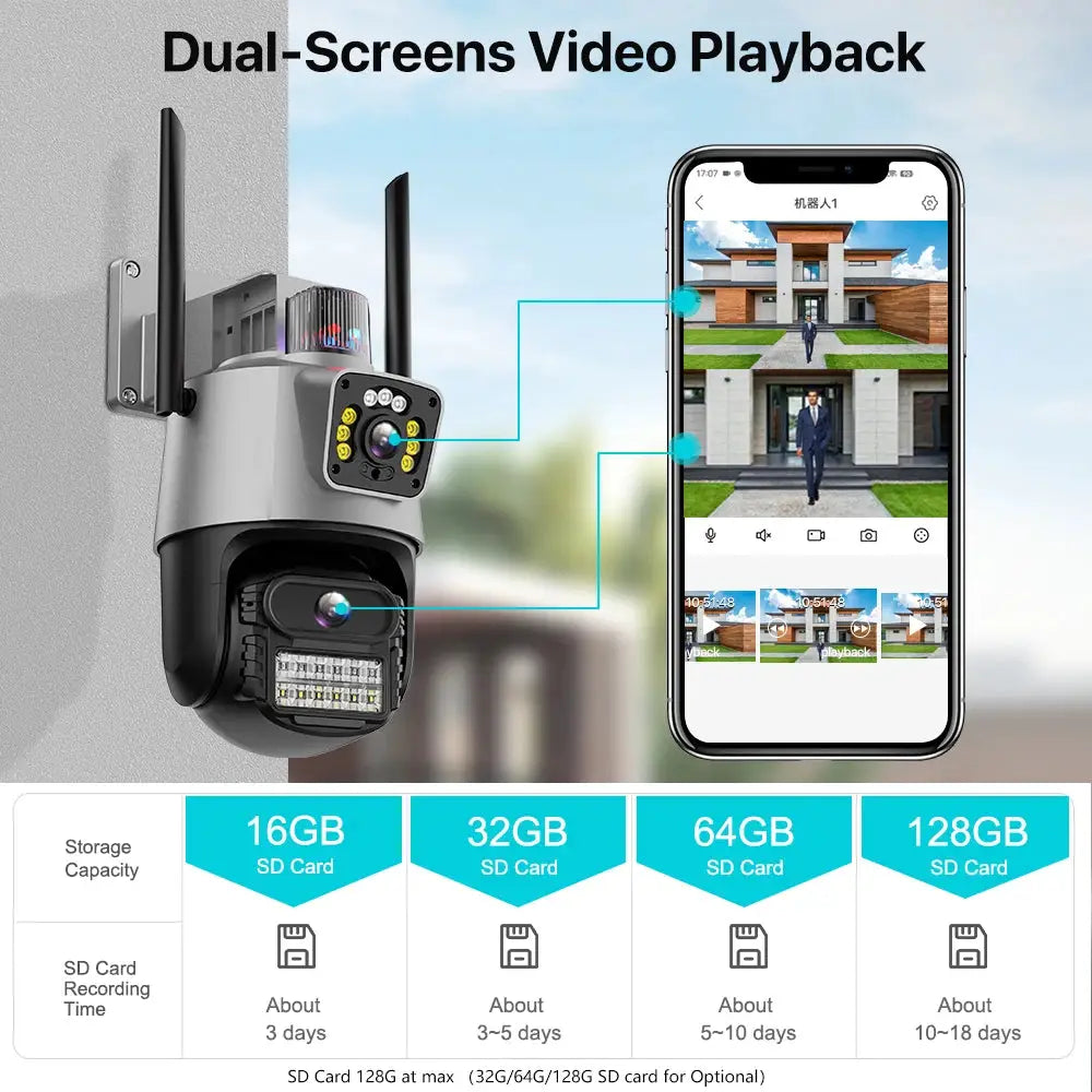 Simples Market outdoor wifi PTZ camera with dual lenses, 4K 8MP AI auto-tracking, wall-mount