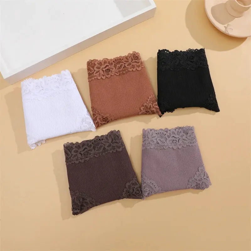 5-piece set of women's cotton lace briefs with floral trim in white, brown, black, burgundy, and lavender by Simples Market