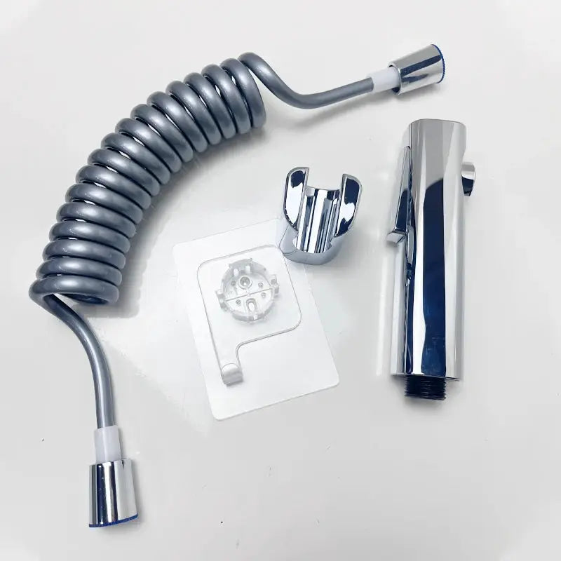 Baokemo chrome ABS handheld toilet bidet sprayer kit with coiled hose and no-drilling bracket.