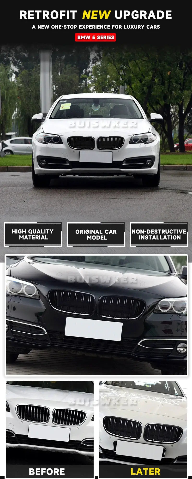 BMW 5 Series kidney grille, gloss black with dual slats for F10/F11/F18 2010–2017