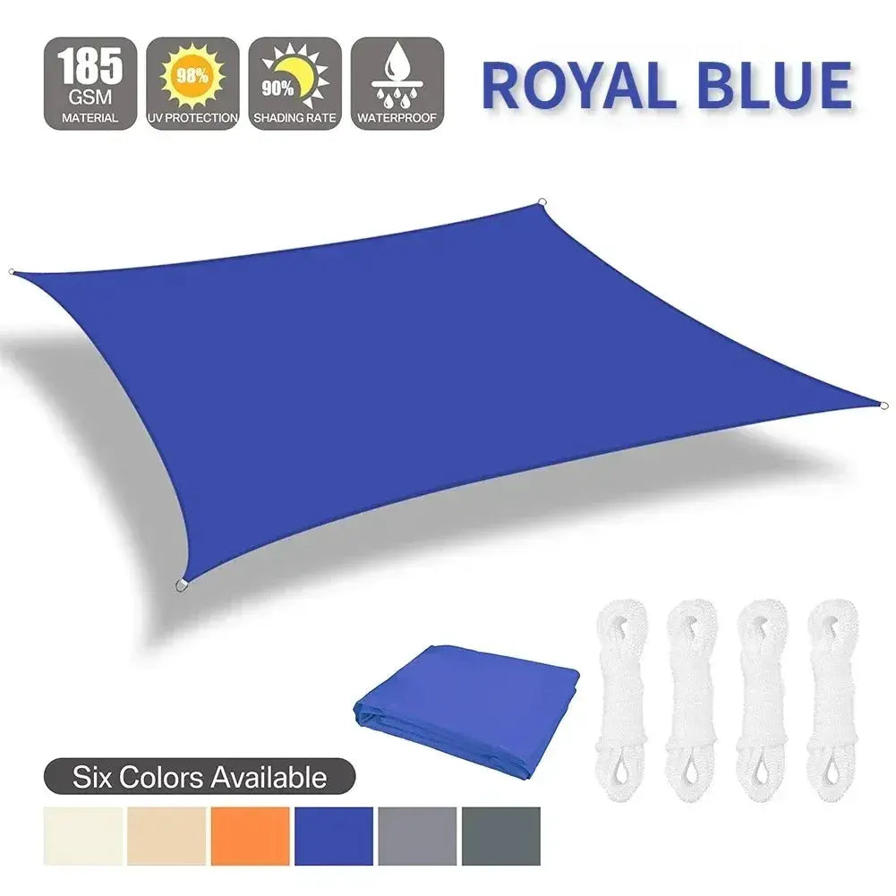 Sun shade sail by Simples Market, royal blue waterproof outdoor canopy with four tie cords; sizes 2x3 to 5x6 m.