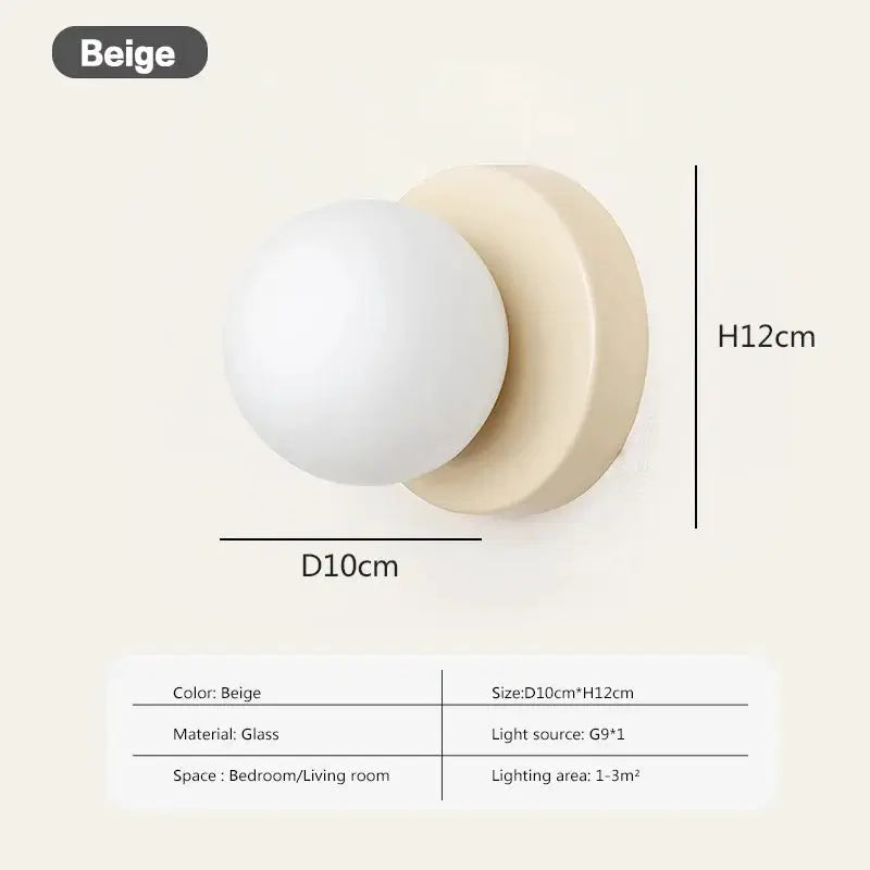 Nordic Macaron LED Wall Lamp beige glass ball sconce, 10cm dia, 12cm high