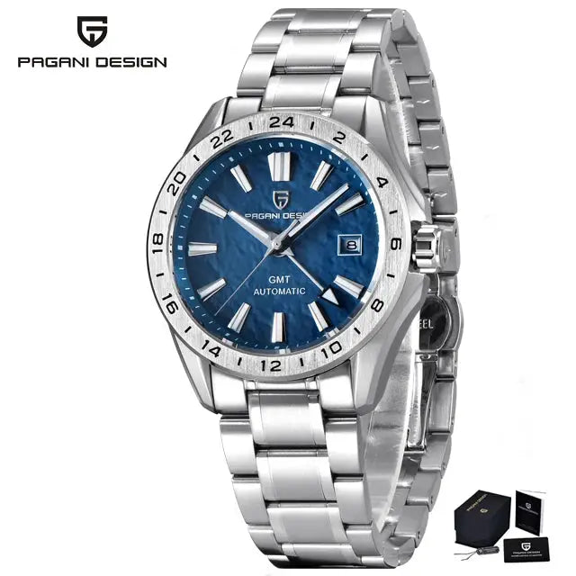 Pagani Design GMT stainless steel men's watch with blue dial, 24-hour GMT bezel and date window