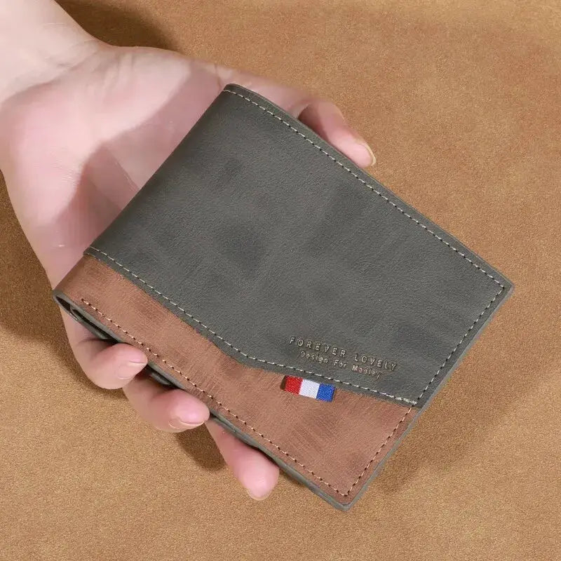 Men's two-tone gray and brown leather wallet with stitched edges and compact multi-slot design, vintage style