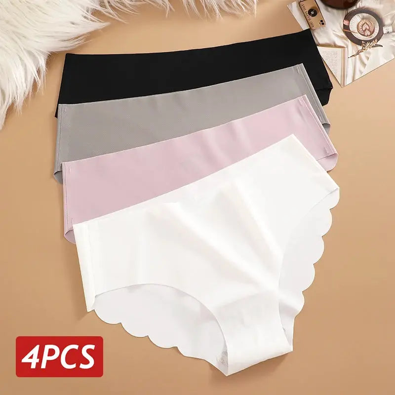 Ice Silk seamless panties 4-piece set by Simples Market in black gray pink white with wavy scalloped sides