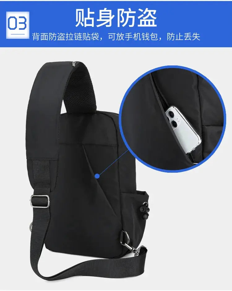Men's chest bag, black canvas crossbody with adjustable strap and front pocket