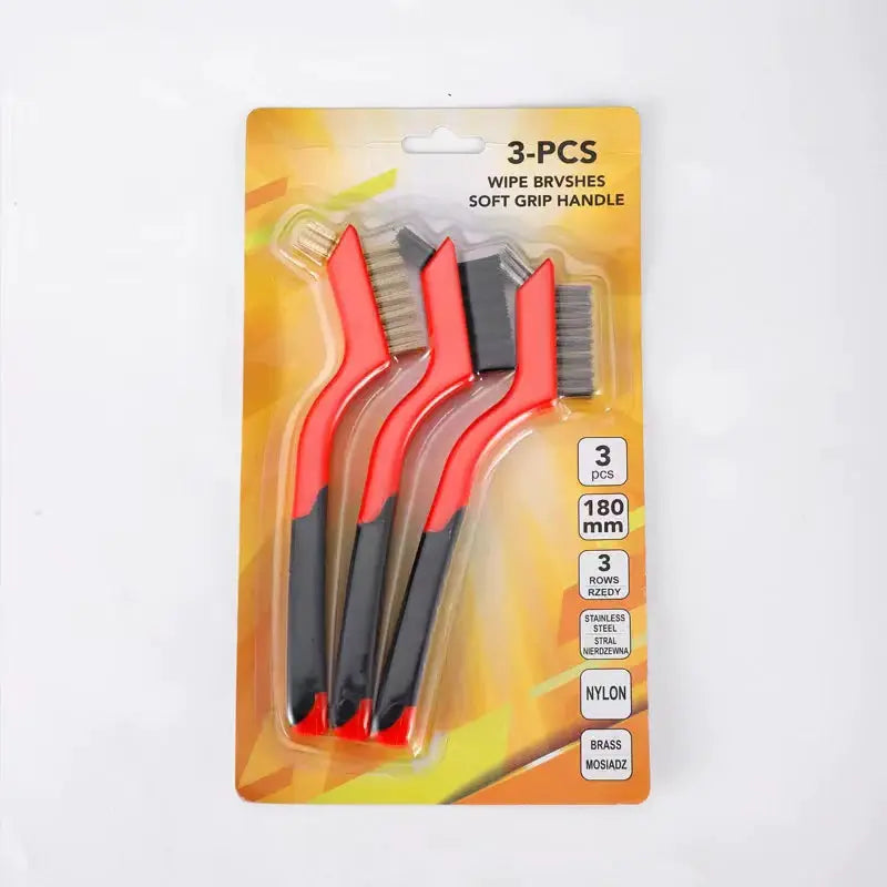 Simples Market 3-piece 7-inch stainless steel brush set with red soft-grip handles for rust removal and polishing