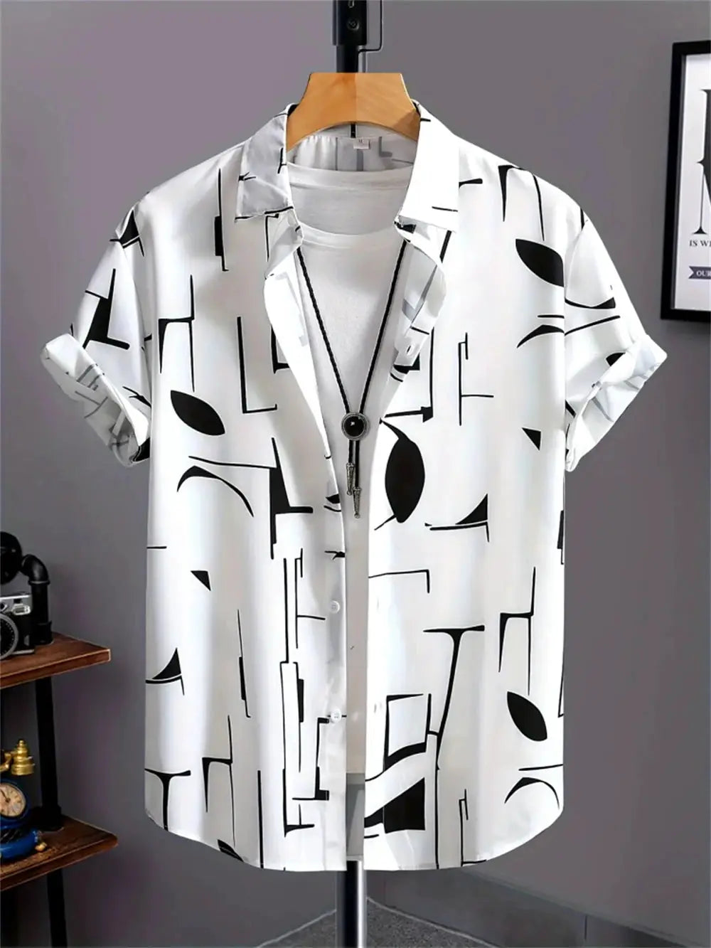 Simple Men's Shirt by Simples Market in white with black abstract geometric print, short sleeves