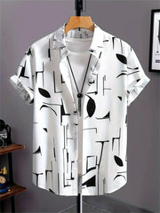 Simple Men's Shirt by Simples Market in white with black abstract geometric print, short sleeves