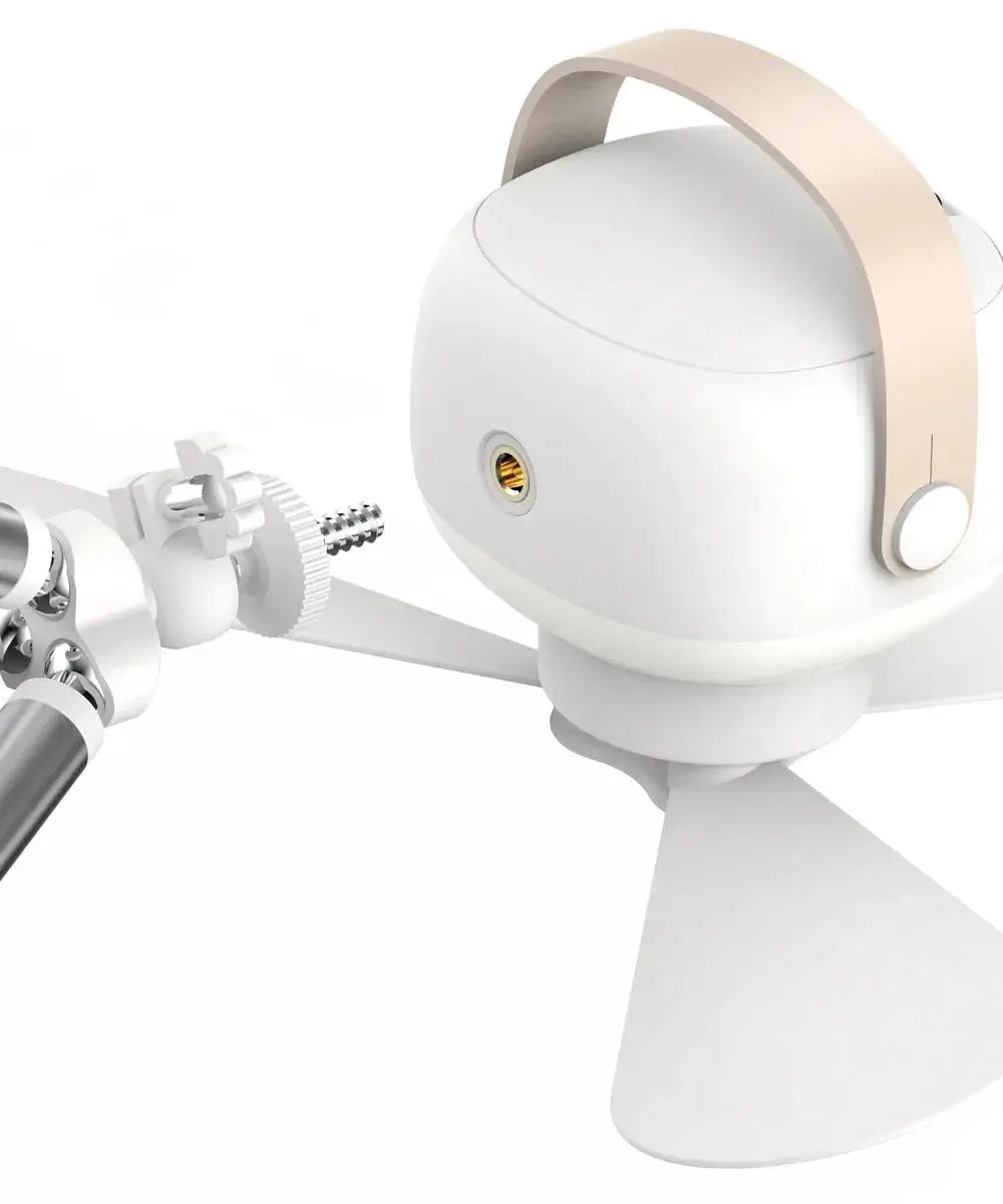 Portable white wireless mini ceiling fan with remote, three blades and beige strap