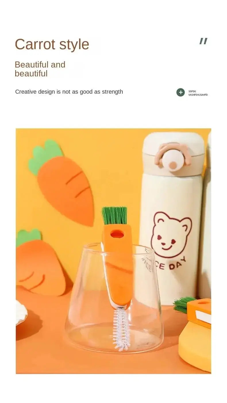 2 carrot-style cleaning brushes with orange handles and green bristles; straw and bottle-cap cleaners beside a glass
