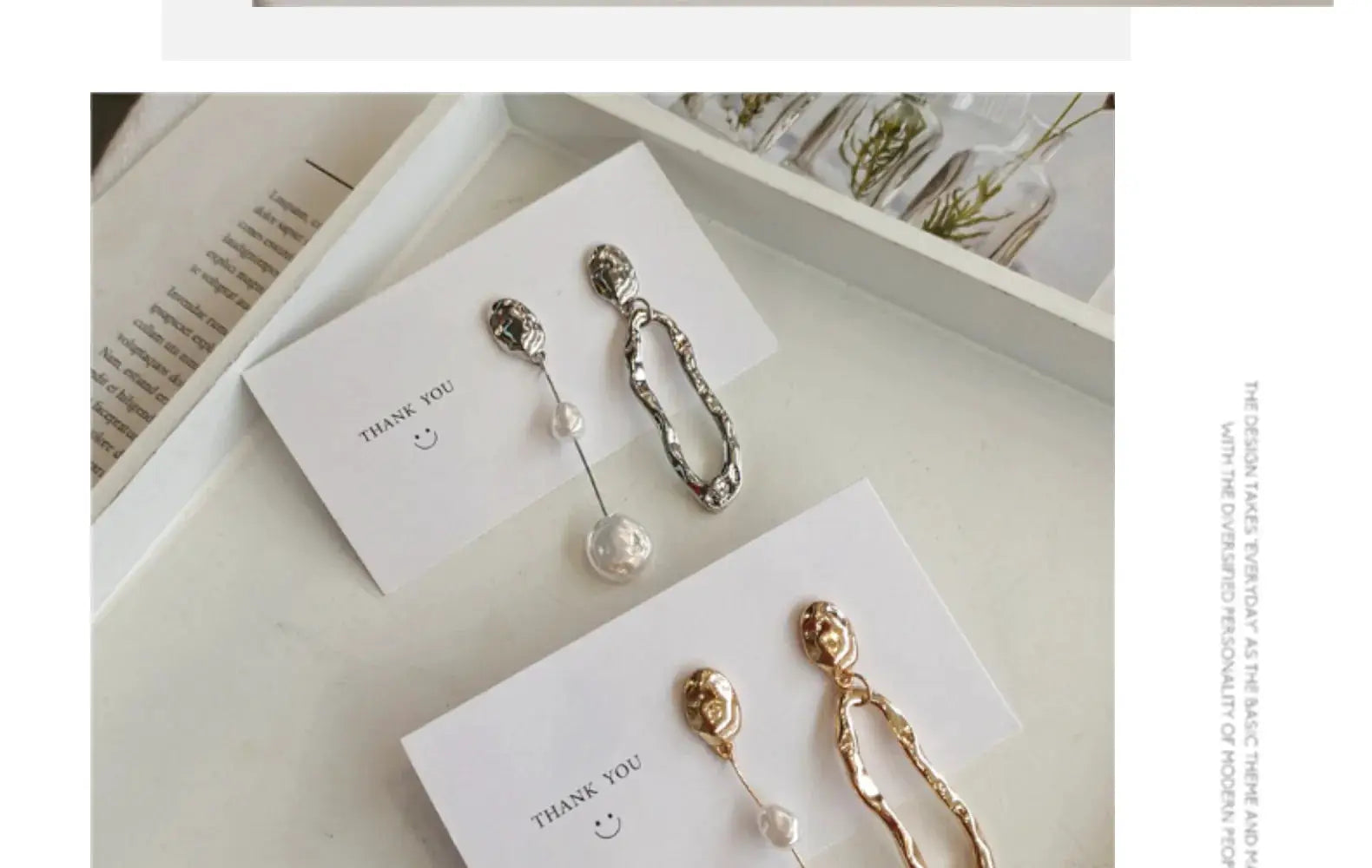 Simples Market New elegant irregular earrings; silver pearl-drop long earring and gold twisted hoop pair, 2 pairs