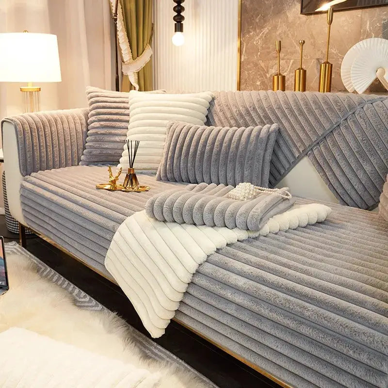 Thicken plush stripe imitation rabbit fur non-slip gray-white sofa cover for winter living room couch