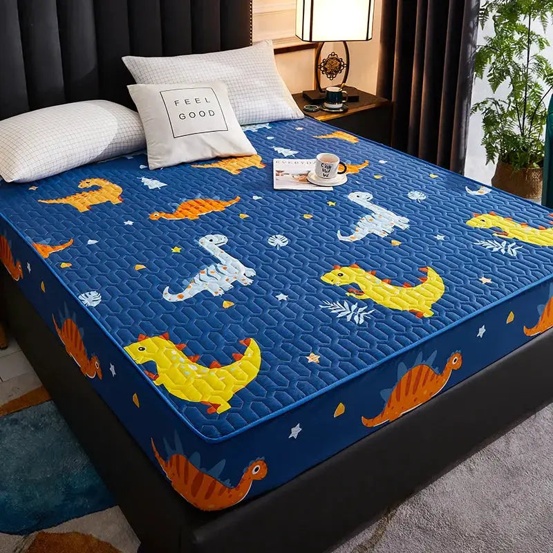 Waterproof thickened quilted blue mattress cover with dinosaur print, fits 150/160/180x200