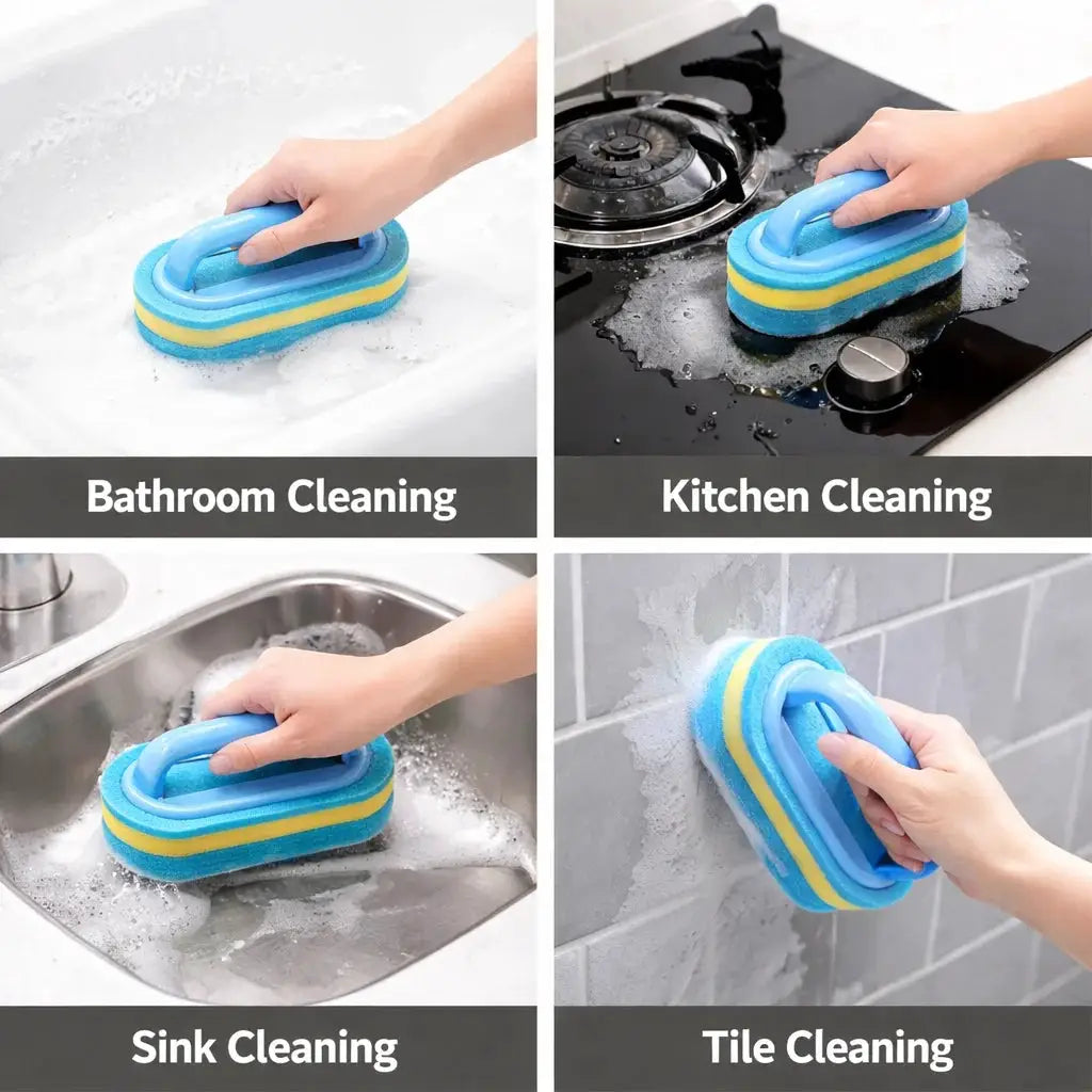 Simples Market cleaning brush with handle, blue-yellow sponge, versatile for bathroom, kitchen, sink, and tiles