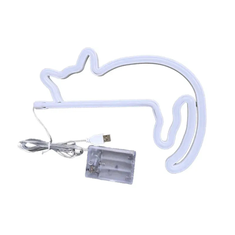 Simples Market cat neon sign USB-powered white LED wall decor with cable and battery pack.
