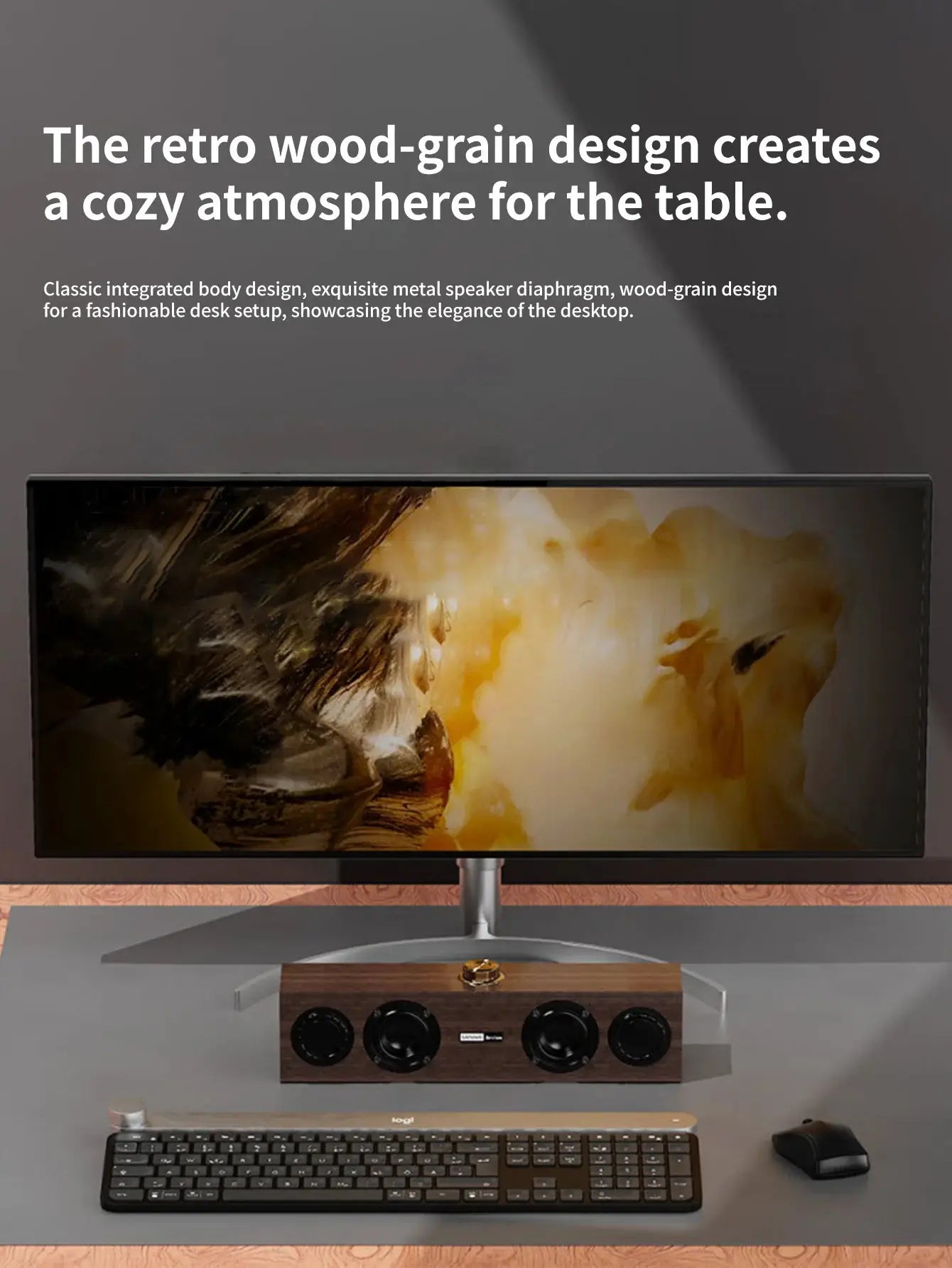 Lenovo C02 wooden speaker with retro wood-grain finish on a desk setup beside a monitor