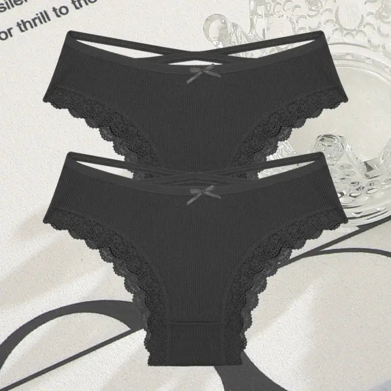 2-pack women's black cotton panties with lace trim, low-rise Brazilian briefs featuring a cross-strap waistband