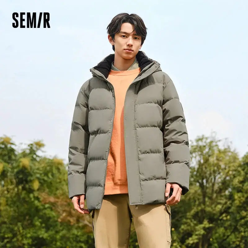 Men's Semir down jacket, olive-gray hooded mid-length puffer, thick versatile coat; SEM/R logo visible.