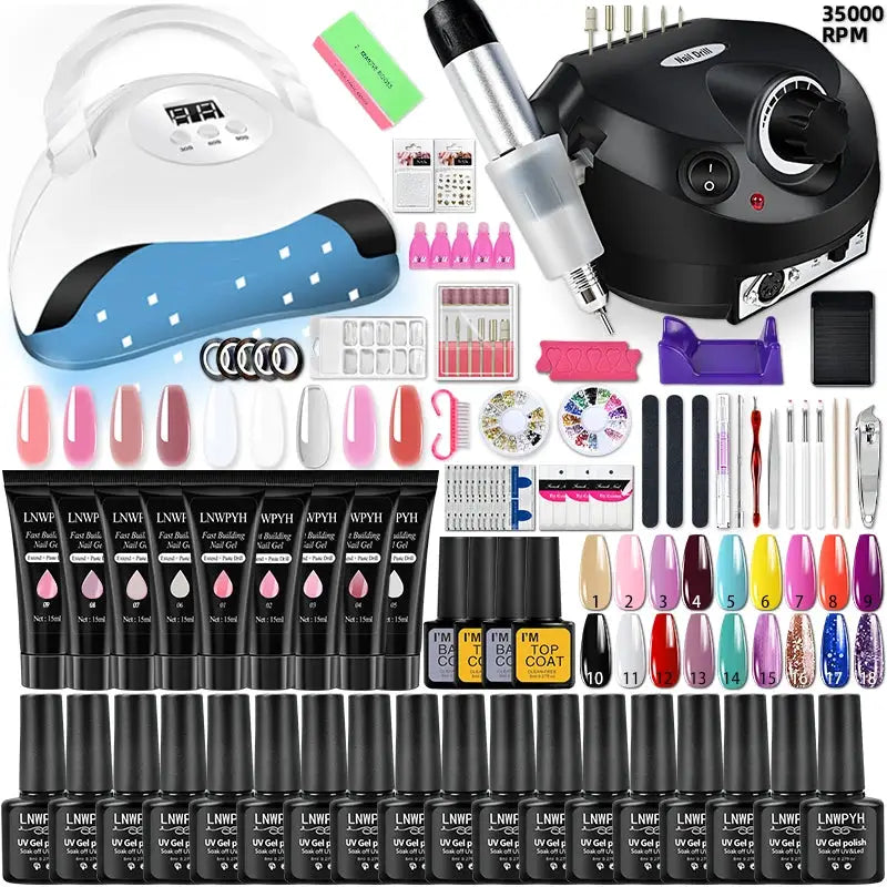 Gel nail polish kit by Simples Market with UV LED dryer, electric nail drill, and assorted polishes and accessories