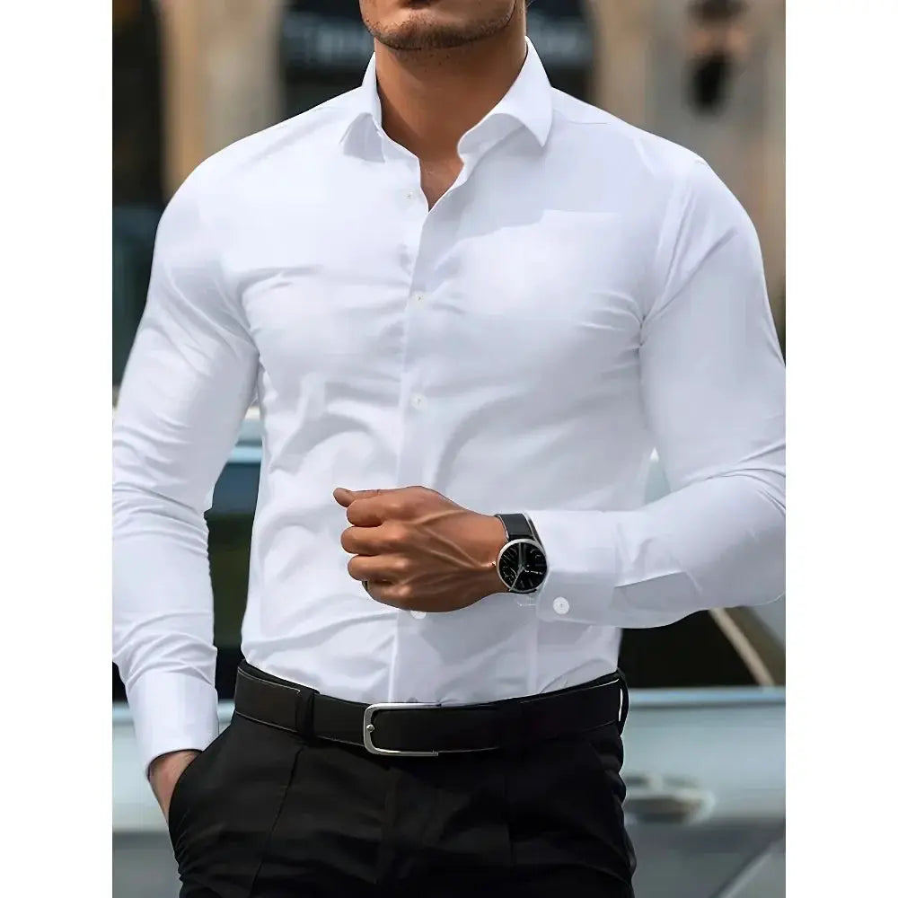 2025 Men's Solid Color Long Sleeve Shirt Elastic Smart Casual Four Season Business Shirt