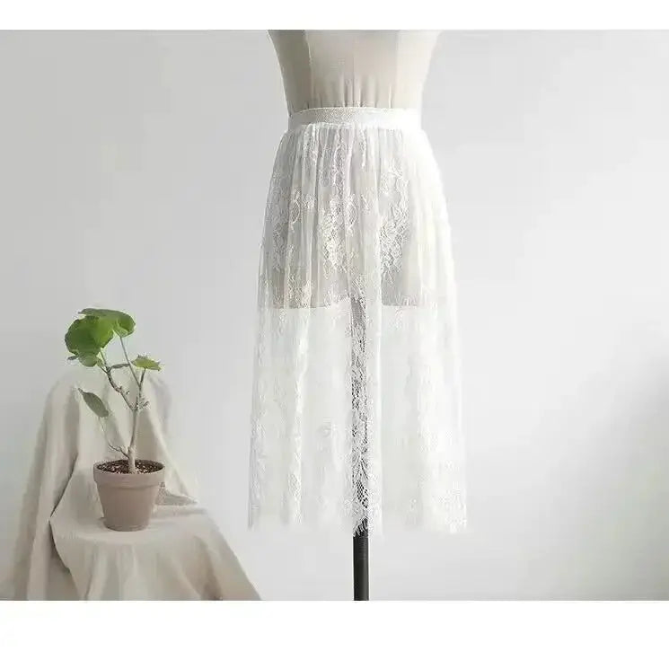 Simples Market white lace summer half slip with high waist, sheer overlay underskirt