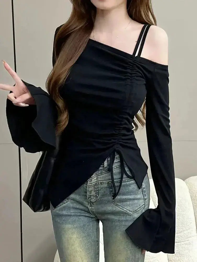 White Off Shoulder Top With Drawstring Ribbon Slim Fit Long Sleeve Body Tee With Elegant Flare Sleeve