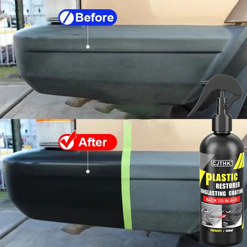 Plastic restorer bottle CJTHK; before-and-after gloss on car bumper plastic