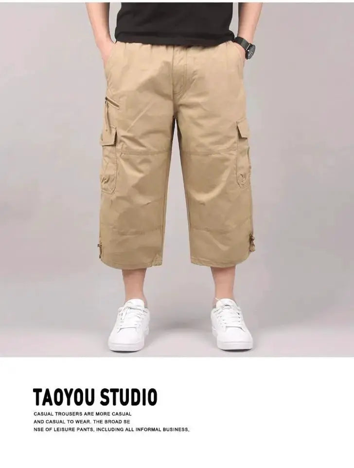 Simples Market men's cargo shorts in beige, knee-length, elastic waist, large size, with multiple cargo pockets