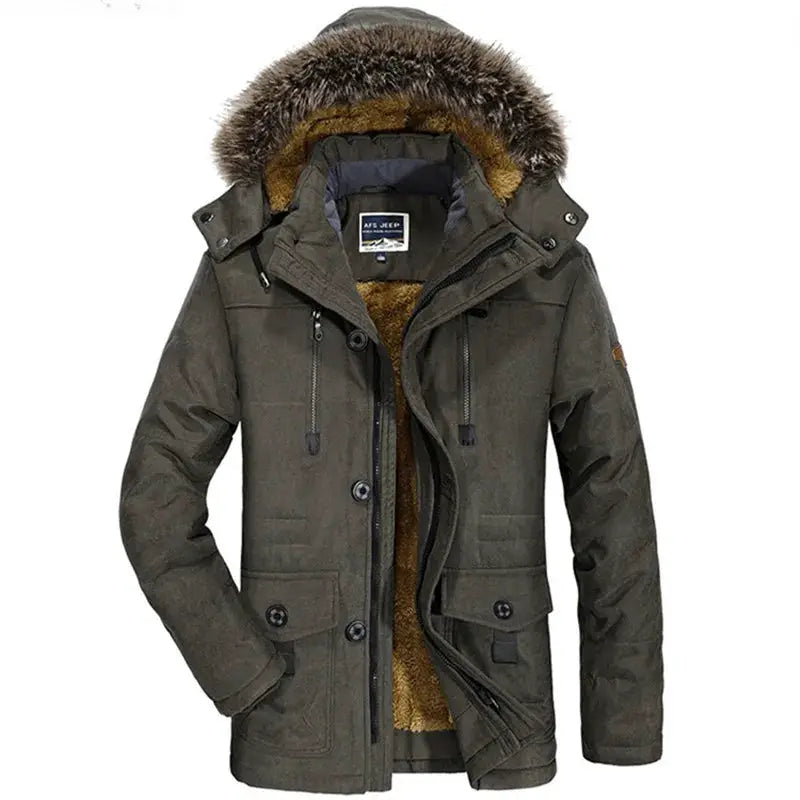 Men's hooded fur-collar down parka, olive green, long winter jacket with multiple pockets