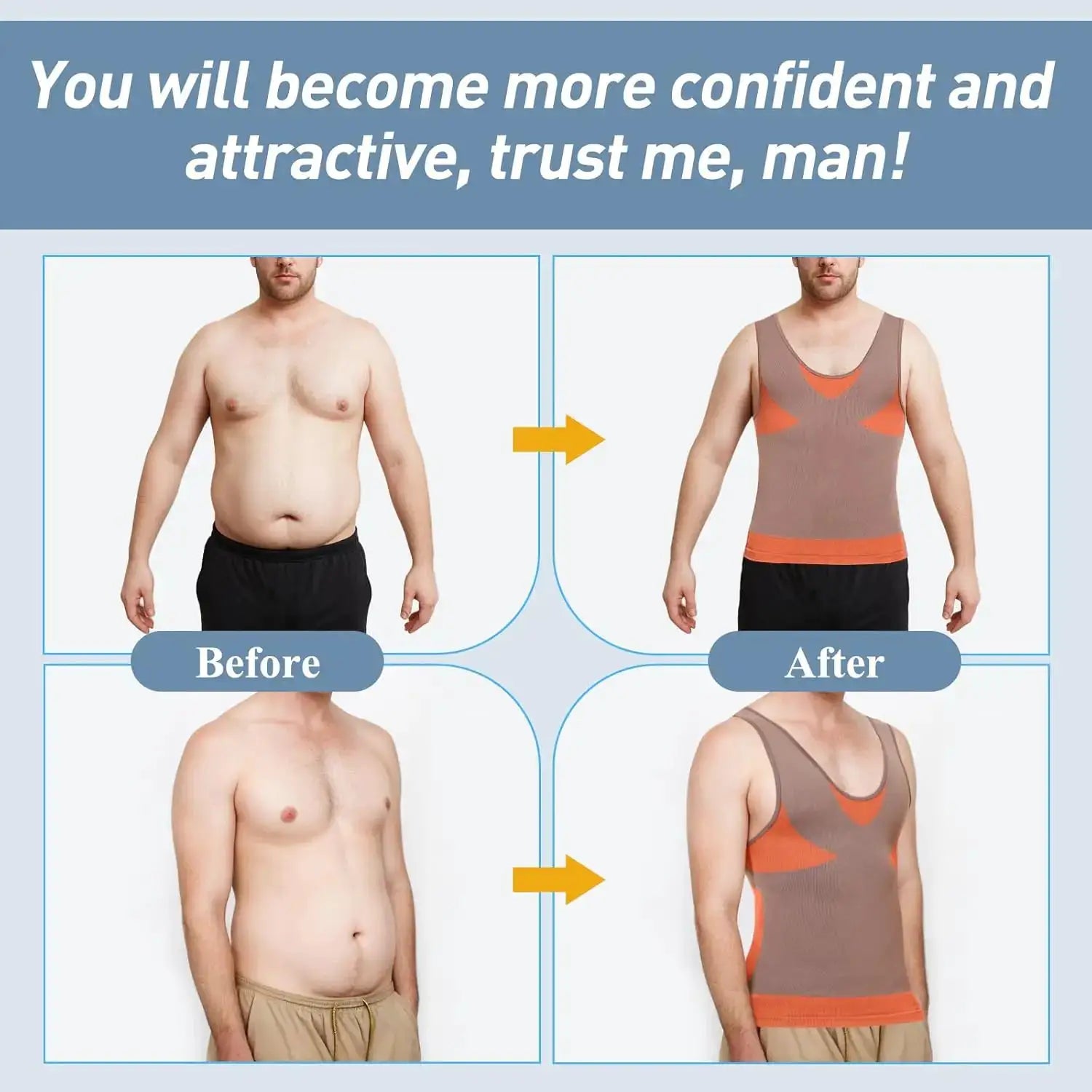 Simples Market men's shapewear slimming body shaper tank top, brown with orange panels (before/after collage)