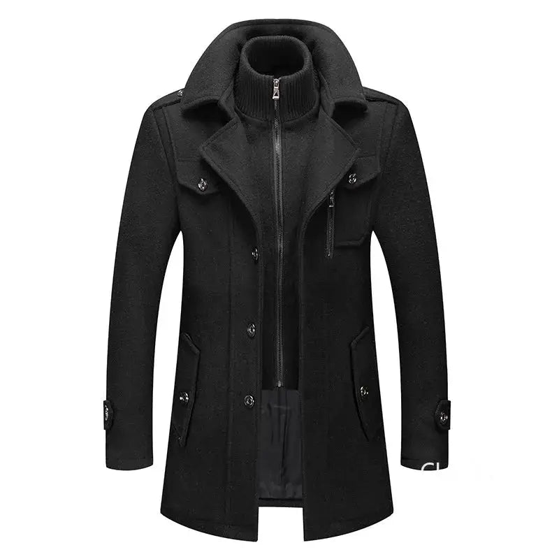 Men's black wool-blend trench coat with high collar, zip-front and button closure, angled pockets.