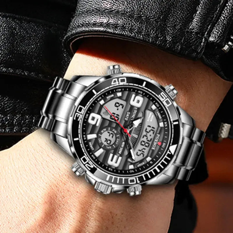 FOXBOX military sport watch on wrist; stainless steel band, black bezel, digital-analog dial